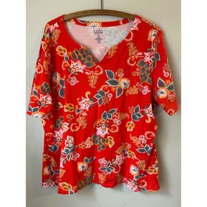 Croft & Barrow Red Floral V Neck Short Sleeve T Shirt Top Plus XXL Cottagecore